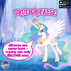 Size: 1080x1080 | Tagged: source needed, safe, derpibooru import, princess celestia, alicorn, pony, bipedal, blatant lies, concave belly, english, female, gameloft, horn, long horn, mare, slender, speech bubble, spread wings, talking, tall, thin, true or false, wings