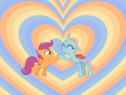 Size: 960x720 | Tagged: artist needed, safe, anonymous artist, artist:cloudy glow, derpibooru import, ocellus, scootaloo, changeling, pegasus, pony, ^^, crack shipping, cute, cutealoo, diaocelles, duo, eyes closed, female, grin, heart, heart background, hoofbump, lesbian, looking at each other, looking at someone, scootalove, ship:scootllus, shipping, smiling, smiling at each other, spread wings, wings