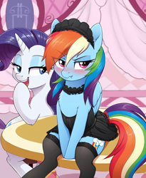 Size: 2944x3586 | Tagged: safe, ai content, derpibooru exclusive, derpibooru import, machine learning generated, rainbow dash, rarity, pegasus, pony, unicorn, g4, adorasexy, and then there's rarity, bedroom eyes, blushing, bow, carousel boutique, clothes, collar, cute, dashabetes, dashabuse, dress, dressing, dressup, duo, duo female, embarrassed, enjoying, female, frilly, frilly dress, frilly socks, frown, funny, giggling, grumpy, headdress, high res, horn, humiliation, interactive, legwear, lingerie, link in description, looking at someone, looking away, lost bet, maid, maid headdress, mare, nightgown, oppression, oppressor, playful, prompter:local sugar provider, rainbow dash is not amused, raribitch, rarity being rarity, scrunchy face, sexy, sitting, skirt, smiling, smiling at someone, socks, stockings, stool, story in the source, table, tail, tail bow, teasing, tempting fate, thigh highs, tsunderainbow, tsundere, unamused, varying degrees of amusement, wings