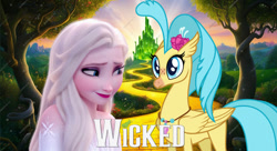 Size: 1408x768 | Tagged: safe, artist:threehorngotham2004, derpibooru import, princess skystar, human, g4, elsa, female, frozen (movie), human female, idina menzel, kristin chenoweth, poster parody, voice actor joke, wicked (movie), wicked (musical)