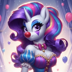 Size: 1024x1024 | Tagged: safe, ai content, derpibooru import, generator:bing image creator, generator:dall-e 3, machine learning generated, rarity, anthro, unicorn, g4, alternate eye color, alternate hairstyle, balloon, bowtie, breasts, clothes, clown, clown nose, curtains, female, horn, mare, prompter:heydude5321, red nose