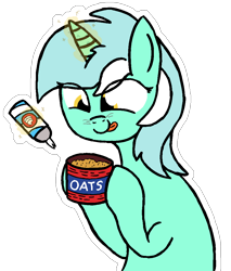 Size: 910x1070 | Tagged: safe, artist:cocacola1012, derpibooru import, lyra heartstrings, pony, unicorn, g4, food, horn, l.u.l.s., magic, oats, telekinesis, tongue, tongue out, whipped cream