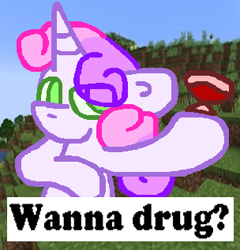 Size: 304x317 | Tagged: safe, artist:rosa ushiromiya, derpibooru import, sweetie belle, pony, unicorn, g4, alcohol, digital art, female, foal, horn, implied drugs, looking at you, meme, minecraft, wine