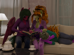 Size: 1913x1435 | Tagged: safe, artist:stellarator, derpibooru import, adagio dazzle, oc, oc:peach cobbler, oc:ruby cabernet, anthro, unguligrade anthro, comic:we will be adored, comic:we will be adored part 62, g4, 3d, blender, blender cycles, breasts, comic, head in lap, not sfm