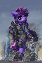 Size: 2108x3184 | Tagged: safe, artist:ravistdash, derpibooru import, oc, oc only, oc:velocity, pony, semi-anthro, unicorn, bipedal, boots, bounty hunter, city, commission, crush fetish, destruction, female, fetish, giant pony, giantess, gun, hoof boots, horn, macro, outfit, shoes, size difference, smug, unicorn oc, weapon