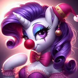 Size: 1024x1024 | Tagged: safe, ai content, derpibooru import, generator:bing image creator, generator:dall-e 3, machine learning generated, rarity, anthro, unguligrade anthro, unicorn, g4, alternate eye color, arm hooves, bowtie, breasts, clothes, clown, clown nose, ear piercing, earring, female, hat, horn, jewelry, lipstick, mare, piercing, prompter:heydude5321, red nose, solo