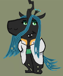 Size: 530x638 | Tagged: safe, artist:fearlescriss, derpibooru import, queen chrysalis, anthro, changeling, changeling queen, g4, chill guy, clothes, exploitable meme, female, looking at you, meme, ponified, ponified meme, smiling, smirk, solo