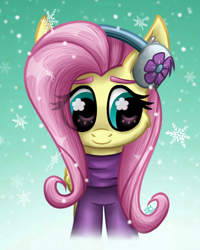 Size: 2000x2500 | Tagged: safe, artist:sunamoonmlp, derpibooru exclusive, derpibooru import, fluttershy, pegasus, pony, g4, clothes, cute, eye clipping through hair, female, mare, scarf, shyabetes, smiling, snow, snowflake, solo, wingding eyes, winter, winter outfit