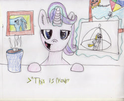 Size: 3134x2543 | Tagged: safe, artist:zenco, derpibooru import, derpy hooves, starlight glimmer, trixie, g4, (you), butt, chocolate, colored pencil drawing, drink, empathy cocoa, food, hot chocolate, kite, levitation, magic, meme, plot, ponified, ponified meme, sun, telekinesis, the great and powerful ass, traditional art