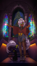 Size: 1694x3000 | Tagged: safe, artist:dogs, derpibooru exclusive, derpibooru import, oc, oc only, anthro, cat, plantigrade anthro, anthro oc, clothes, collage, door, hat, long tail, photoshop, reaching, ribbon, scenery, slit eyes, stained glass, stairs, tail