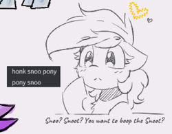 Size: 974x760 | Tagged: safe, artist:morningbullet, derpibooru import, oc, oc only, oc:noot, earth pony, pony, boop request, bust, eyebrows, eyebrows visible through hair, female, frown, gray background, mare, simple background, sketch, solo, text