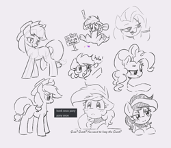 Size: 703x611 | Tagged: safe, artist:morningbullet, derpibooru import, applejack, fluttershy, pinkie pie, oc, oc:noot, earth pony, pegasus, pony, g4, blunt, boop request, bust, female, flutterhigh, gratuitous spanish, gray background, grayscale, high, hola, hoof hold, lidded eyes, mare, monochrome, partial color, sign, simple background, sketch, sketch dump, text, tiny, tiny ponies