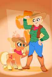 Size: 1412x2100 | Tagged: safe, artist:prixy05, derpibooru import, applejack, earth pony, human, pony, g4, abstract background, alternate design, applejack's hat, applerack, bandana, boots, breasts, clothes, colored hooves, cowboy boots, cowboy hat, cutie mark background, denim, duo, duo female, female, freckles, gradient background, gradient legs, hand on hip, hat, hooves, human ponidox, humanized, jeans, leg freckles, light skin, looking at each other, looking at someone, neckerchief, pants, plaid shirt, self paradox, self ponidox, shirt, shoes, tight clothing, unshorn fetlocks, vacuum sealed clothing, vest