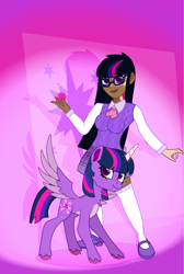 Size: 1412x2100 | Tagged: safe, artist:prixy05, derpibooru import, twilight sparkle, twilight sparkle (alicorn), alicorn, human, pony, abstract background, alternate design, breasts, clothes, cloven hooves, colored hooves, colored pinnae, colored wings, colored wingtips, cutie mark background, duo, female, glasses, glowing cutie mark, gradient background, hooves, human ponidox, humanized, magic, mare, mary janes, moderate dark skin, pale belly, self paradox, self ponidox, shoes, socks, sweater vest, tight clothing, vacuum sealed clothing, vitiligo, wings