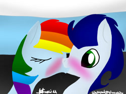 Size: 749x562 | Tagged: safe, artist:soarindash2, derpibooru import, rainbow dash, soarin', pegasus, pony, female, kiss on the lips, kissing, male, mare, shipping, soarindash, stallion, straight