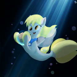 Size: 894x894 | Tagged: safe, artist:maslivka, derpibooru import, derpy hooves, pegasus, seapony (g4), g4, bubble, crepuscular rays, cute, derpy being derpy, digital art, dorsal fin, female, fin, fin wings, fins, fish tail, flowing mane, flowing tail, food, happy, jewelry, mare, muffin, necklace, ocean, open mouth, open smile, pearl necklace, race swap, scales, seaponified, seapony derpy hooves, smiling, solo, species swap, spread wings, sunlight, swimming, tail, underwater, water, wings