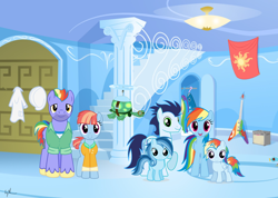 Size: 1280x910 | Tagged: safe, artist:sainaro-mun-magic, derpibooru import, bow hothoof, rainbow dash, soarin', tank, windy whistles, oc, oc:ragtag, oc:shooting star, pegasus, pony, tortoise, g4, female, filly, foal, male, mare, offspring, parent:rainbow dash, parent:soarin', parents:soarindash, shipping, soarindash, stallion, straight