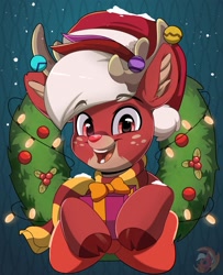 Size: 1625x2000 | Tagged: safe, artist:joaothejohn, artist:tomatopony, derpibooru import, deer, pony, reindeer, antlers, christmas, christmas lights, christmas wreath, clothes, cute, ear fluff, ears, freckles, gradient background, hat, holding, holiday, hooves, horn, looking at you, multicolored hair, muzzle, open mouth, patterned background, present, santa hat, scarf, smiling, snow, solo, wreath