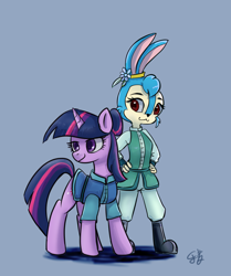 Size: 2406x2883 | Tagged: safe, artist:brella, derpibooru import, twilight sparkle, unicorn twilight, anthro, rabbit, unicorn, animal, crossover, duo, horn, simple background, 蓝兔, 虹猫蓝兔七侠传