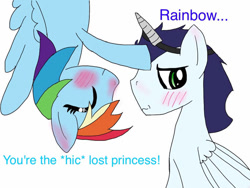 Size: 749x562 | Tagged: safe, artist:melovedogs123, derpibooru import, rainbow dash, soarin', pegasus, pony, fanfic:piercing the heavens, drunk, drunker dash, duo, fake alicorn, fake horn, female, male, mare, shipping, simple background, soarindash, stallion, straight, white background