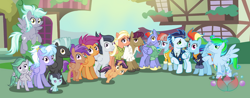 Size: 750x295 | Tagged: safe, artist:sealilyan, derpibooru import, bow hothoof, cloudchaser, mane allgood, rainbow dash, rumble, scootaloo, snap shutter, soarin', thunderlane, windy whistles, earth pony, pegasus, pony, g4, the last problem, female, foal, male, mare, my little pony: friendship is magic, offspring, older, older rainbow dash, older rumble, older scootaloo, older soarin', older soarindash, parent:cloudchaser, parent:rainbow dash, parent:rumble, parent:scootaloo, parent:soarin', parent:thunderlane, parents:rumbloo, parents:soarindash, parents:thunderchaser, ship:rumbloo, ship:thunderchaser, shipping, soarindash, stallion, straight