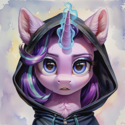 Size: 1024x1024 | Tagged: safe, ai content, derpibooru import, machine learning generated, starlight glimmer, pony, unicorn, g4, bust, glowing, glowing horn, hood, horn, looking at you, prompter:ilham470, solo