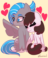 Size: 696x840 | Tagged: safe, artist:kharmacal, derpibooru import, oc, oc only, oc:chocolate heart, oc:cloudy kisses, pegasus, pony, :3, :<, colored lineart, duo, female, heart, lesbian, shading, two toned hair, unshorn fetlocks, younger