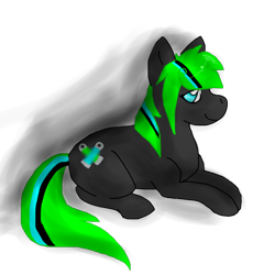 Size: 1000x1000 | Tagged: safe, artist:softfur, derpibooru import, oc, oc only, oc:tekkno, earth pony, pony, black coat, earth pony oc, green mane, green tail, multicolored mane, multicolored tail, side view, simple background, solo, tail, transparency error, transparent background