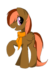 Size: 997x1484 | Tagged: safe, artist:softfur, derpibooru import, oc, oc only, pegasus, pony, brown coat, clothes, full body, open mouth, open smile, pegasus oc, pink eyes, pink mane, raised hoof, raised leg, scarf, simple background, smiling, solo, transparency error, transparent background