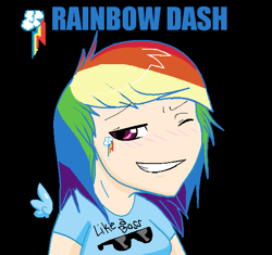 Size: 597x560 | Tagged: safe, artist:softfur, derpibooru import, rainbow dash, human, alternative cutie mark placement, black background, breasts, clothes, facial cutie mark, female, floating wings, grin, humanized, like a boss, multicolored hair, name, one eye closed, rainbow hair, shirt, simple background, smiling, solo, teeth, text on clothing, text on shirt, wings