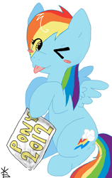 Size: 813x1283 | Tagged: safe, artist:softfur, derpibooru import, rainbow dash, pegasus, pony, 2012, ;p, blush sticker, blushing, cute, dashabetes, eye clipping through hair, one eye closed, simple background, smiling, solo, tongue, tongue out, white background, wink