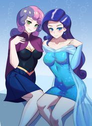 Size: 2950x4000 | Tagged: safe, artist:tzc, derpibooru import, rarity, sweetie belle, human, g4, anna, blushing, breasts, cleavage, clothes, cosplay, costume, duo, elsa, eyeshadow, female, frozen (movie), humanized, looking at you, makeup, midriff, older, older sweetie belle, princess anna belle, queen elsarity, raritits, siblings, sisters, sitting, smiling, smiling at you, sweetie boobs