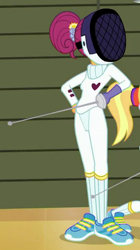 Size: 408x726 | Tagged: safe, derpibooru import, screencap, better together, equestria girls, g4, a queen of clubs, background human, clothes, coulé, female, fencing, mask, outfit catalog, shoes, sneakers, sword, weapon