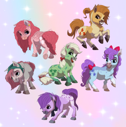 Size: 6414x6459 | Tagged: safe, artist:mandrawsdog, derpibooru import, blossom, blue belle, butterscotch (g1), cotton candy (g1), minty (g1), snuzzle, earth pony, pony, g1, absurd file size, absurd resolution, female, gradient background, mare, original six