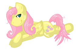 Size: 495x344 | Tagged: safe, artist:softfur, derpibooru import, fluttershy, pegasus, pony, female, lying down, mare, prone, simple background, smiling, solo, white background