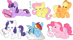 Size: 3222x1761 | Tagged: safe, artist:softfur, derpibooru import, applejack, derpy hooves, fluttershy, pinkie pie, rainbow dash, rarity, twilight sparkle, earth pony, pegasus, pony, unicorn, g4, 2012, apple, book, cloud, cute, dashabetes, derpabetes, diapinkes, eyes closed, food, group, horn, jackabetes, magic, mane six, open mouth, open smile, raribetes, shyabetes, simple background, sleeping, smiling, transparent background, twiabetes