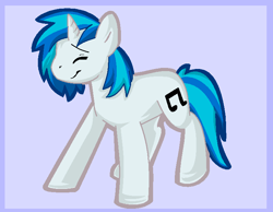 Size: 733x569 | Tagged: safe, artist:softfur, derpibooru import, dj pon-3, vinyl scratch, pony, unicorn, g4, 2012, blue mane, blue tail, eyes closed, female, full body, horn, mare, purple background, simple background, smiling, solo, tail, white coat