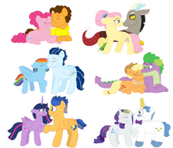 Size: 750x642 | Tagged: safe, artist:snoopy7c7, derpibooru import, applejack, cheese sandwich, discord, fancypants, flash sentry, fluttershy, pinkie pie, rainbow dash, rarity, soarin', spike, twilight sparkle, twilight sparkle (alicorn), alicorn, draconequus, dragon, earth pony, pegasus, pony, unicorn, cheesepie, discoshy, female, flashlight, horn, male, mare, raripants, ship:applespike, shipping, soarindash, stallion, straight