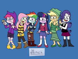 Size: 2048x1536 | Tagged: safe, artist:garybaldor, derpibooru import, applejack, fluttershy, pinkie pie, rainbow dash, rarity, sci-twi, twilight sparkle, human, equestria girls, g4, barbara gordon, batgirl, blue background, bumblebee (dc comics), burrito, clothes, cosplay, costume, crossover, dc comics, dc superhero girls, denim, diana prince, dress, eating, female, flats, food, green lantern, green lantern ring, hoodie, humane five, humane six, implied lesbian, implied rarijack, implied shipping, jeans, jessica cruz, kara danvers, kara zor-el, karen beecher, pants, ripped jeans, ripped pants, shipping fuel, shoes, signature, simple background, supergirl, sweater, torn clothes, wonder woman, zatanna, zee zatara