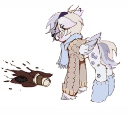 Size: 1440x1286 | Tagged: safe, artist:p0nyplanet, derpibooru import, derpy hooves, rarity, pegasus, pony, g4, clothes, coffee, drink, fusion, glasses, kinsona, scarf, solo, spilled drink, sweater