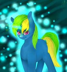 Size: 2089x2263 | Tagged: oc name needed, safe, artist:dorry, derpibooru import, oc, oc only, pony, unicorn, aura, blue coat, commission, glowing, glowing horn, horn, looking at you, male, male oc, old art, signature, stallion, stallion oc, two toned mane, unicorn oc