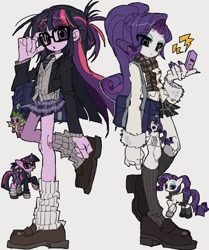 Size: 1787x2140 | Tagged: safe, artist:jwnn_, derpibooru import, rarity, spike, twilight sparkle, unicorn twilight, dragon, pony, unicorn, equestria girls, g4, :o, alternate clothes, alternate hairstyle, bag, big eyes, blue eyeshadow, clothes, coat, colored sclera, curly hair, cute, duo, duo female, emanata, eye clipping through hair, eyebrows, eyebrows visible through hair, eyelashes, eyeshadow, female, flats, flip phone, frown, fur coat, glasses, gray sclera, hair accessory, hairclip, horn, keychain, kneesocks, leg warmers, long arms, long hair, long legs, looking at something, looking at you, makeup, mare, mary janes, messenger bag, miniskirt, nail polish, necktie, open mouth, painted nails, phone, plaid skirt, pleated skirt, pony coloring, ponytail, purple nails, raised arm, raised leg, raribetes, ringlets, scarf, shiny hair, shirt, shoes, shoulder bag, simple background, skirt, socks, square glasses, standing, standing on one leg, straight hair, sweater vest, thick eyelashes, thigh highs, thin legs, three quarter view, tied hair, twiabetes, wall of tags, white background, winged spike, wings