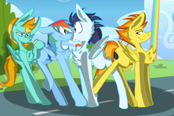 Size: 811x542 | Tagged: artist needed, source needed, safe, derpibooru import, lightning dust, rainbow dash, soarin', spitfire, pegasus, pony, g4, female, long legs, male, mare, my little pony: friendship is magic, now kiss, shipper on deck, shipping, soarindash, stallion, straight