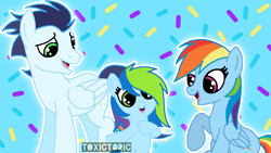 Size: 1246x701 | Tagged: source needed, safe, artist:toxictoric, derpibooru import, rainbow dash, soarin', pegasus, pony, female, filly, foal, male, mare, offspring, parent:rainbow dash, parent:soarin', parents:soarindash, shipping, soarindash, stallion, straight