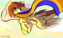 Size: 3071x1858 | Tagged: safe, artist:yuris, derpibooru import, oc, oc:yuris, pegasus, pony, cloud, flag, flying, sketch, sky, smiling, solo, sunset, ukraine