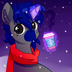 Size: 500x500 | Tagged: safe, artist:amiicommissions, derpibooru import, oc, pony, unicorn, clothes, coffee cup, cup, horn, magic, male, scarf, solo, stallion