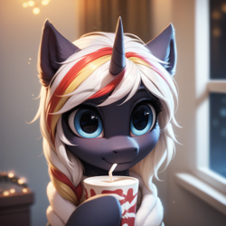 Size: 1024x1024 | Tagged: safe, ai content, derpibooru import, generator:pony diffusion v6 xl, generator:stable diffusion, machine learning generated, oc, oc:velvet remedy, pony, unicorn, fallout equestria, coffee, hearth's warming, horn, indoors, prompter:teonanakatle, solo, winter