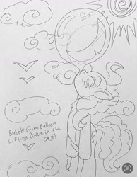 Size: 1290x1666 | Tagged: safe, derpibooru import, pinkie pie, earth pony, pony, balloon, bubblegum, floating, food, gum, sky, then watch her balloons lift her up to the sky, traditional art