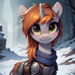 Size: 1024x1024 | Tagged: safe, ai content, derpibooru import, generator:pony diffusion v6 xl, generator:stable diffusion, machine learning generated, oc, oc:littlepip, pony, unicorn, fallout equestria, armor, blushing, ear blush, female, female oc, horn, looking at you, mare, mare oc, outdoors, prompter:teonanakatle, smiling, smiling at you, snow, solo, tree, unicorn oc, winter