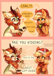 Size: 2046x2855 | Tagged: safe, artist:polnocnykot, derpibooru import, applejack, autumn blaze, earth pony, kirin, pony, g4, 2 panel comic, apple, awwtumn blaze, christmas, christmas stocking, clothes, coal, comic, cute, dialogue, duo, duo female, ear fluff, ears, eating, emanata, eyes closed, female, food, freckles, happy, happy new year, hat, holiday, hooves, horn, icicle, kirins doing kirin things, merry christmas, nom, open mouth, open smile, present, raised hoof, raised leg, santa hat, scarf, shocked, shoulder fluff, shoulder freckles, smiling, sock, speech bubble, sweat, sweatdrop, talking, text, unshorn fetlocks, winter, winter outfit